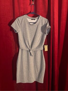 Grey Knot-Front Short Sleeve Midi Dress